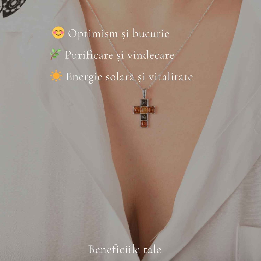 Colier Argint 925 Cruce cu Chihlimbar Natural în 3 Culori – Protectie si Energie Calda [3]