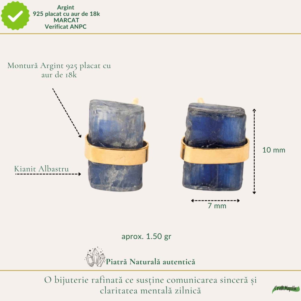 Cercei Argint 925 Placat cu Aur 18K cu Kianit Albastru Brut – Claritate si Intuitie [4]