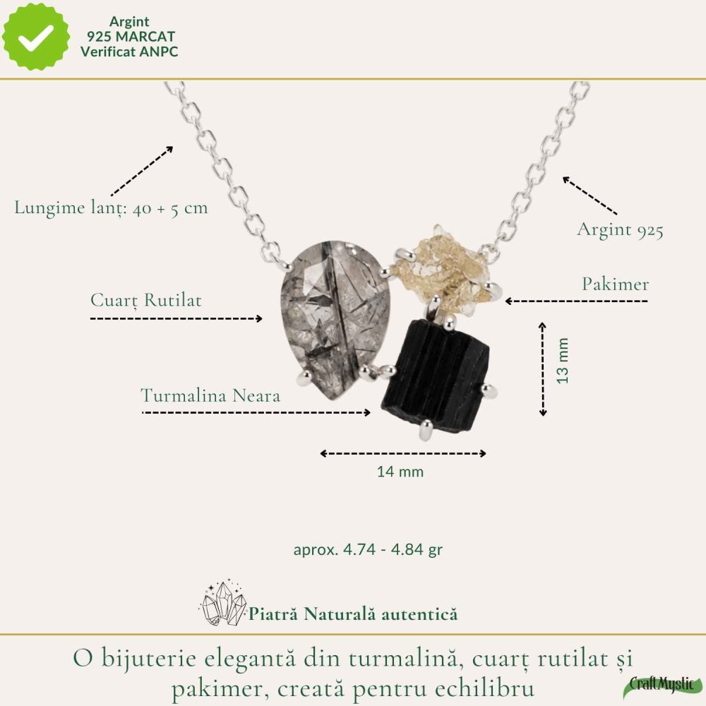 Colier Argint 925 cu Cuart Rutilat, Turmalina Neagra si Pakimer – Protecte si Claritate [4]