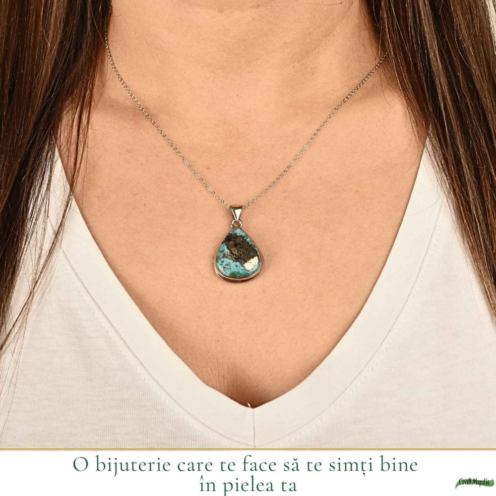 Colier argint 925 cu Turcoaz si Pirita lacrima – protectie si incredere feminina [2]