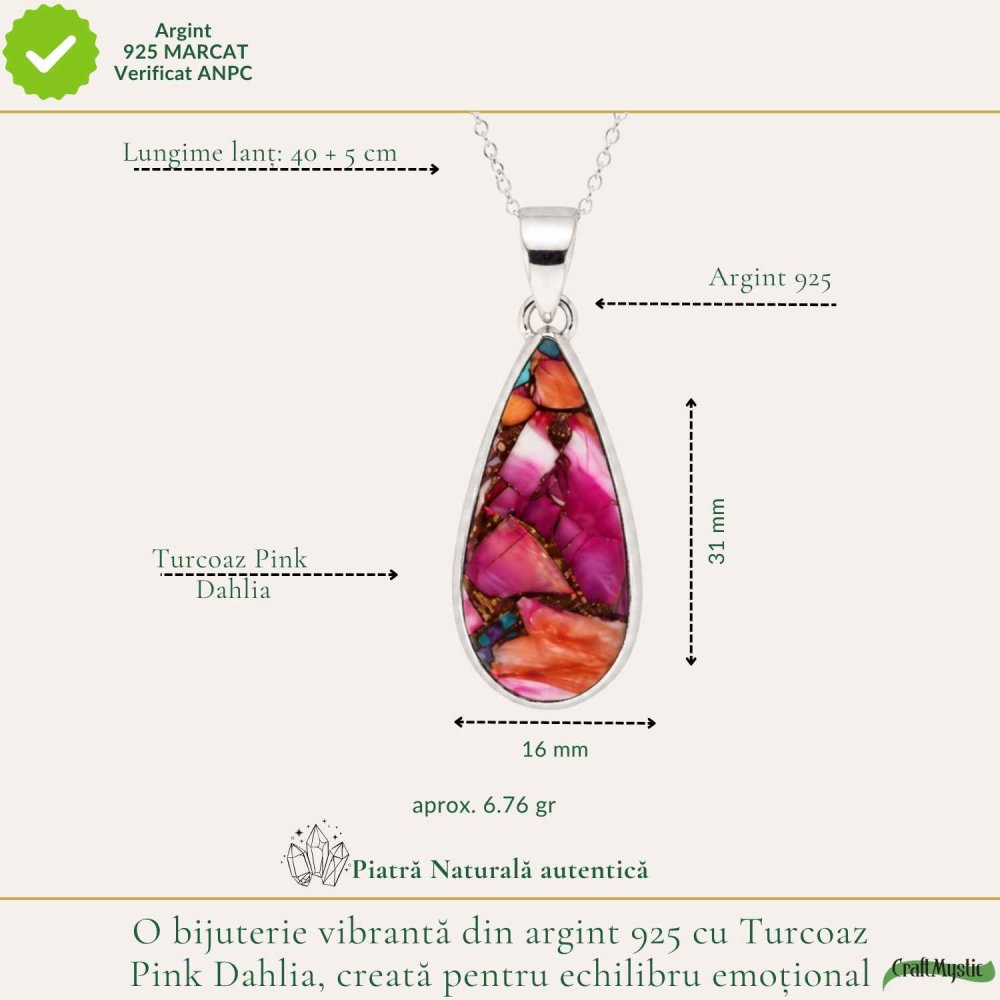 Colier Argint 925 cu Turcoaz Pink Dahlia Lacrima – Creativitate si Energie Pozitiva [4]