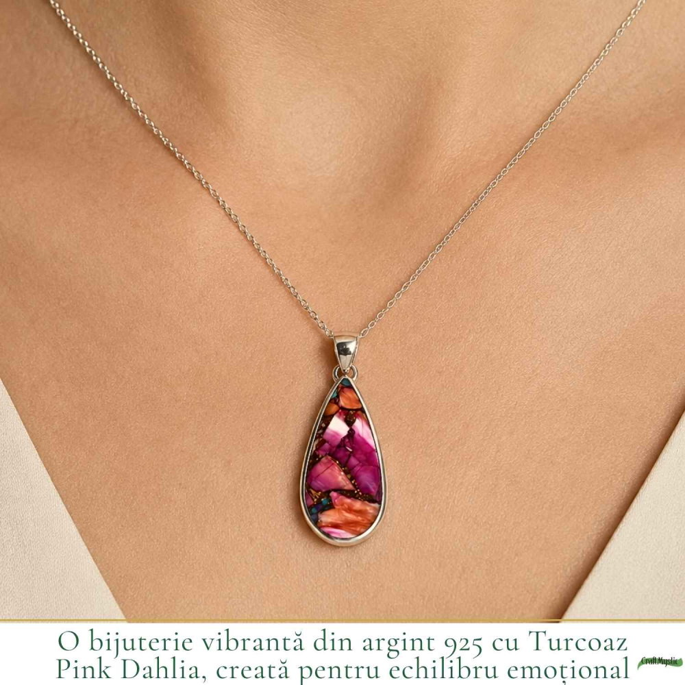 Colier Argint 925 cu Turcoaz Pink Dahlia Lacrima – Creativitate si Energie Pozitiva [2]