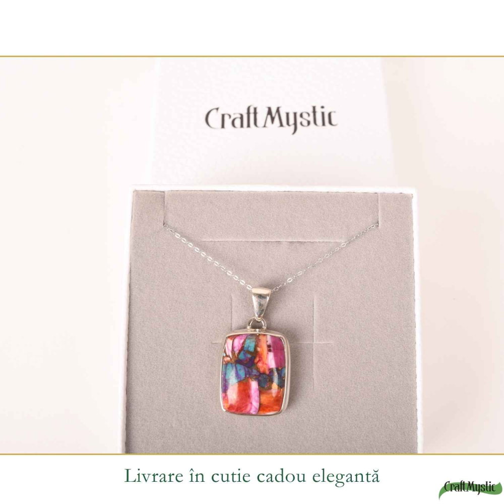 Colier Argint 925 cu Turcoaz Pink Dahlia Dreptunghi – Energie si Creativitate [6]