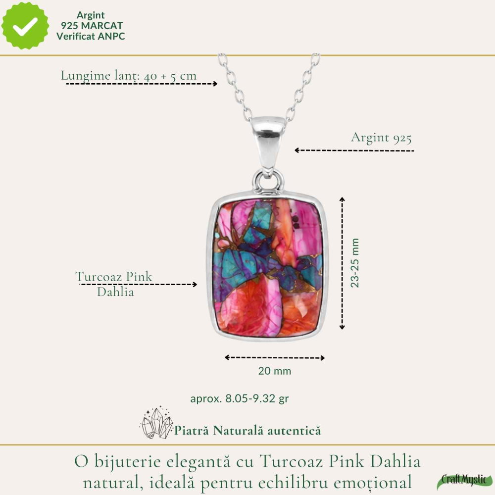 Colier Argint 925 cu Turcoaz Pink Dahlia Dreptunghi – Energie si Creativitate [4]
