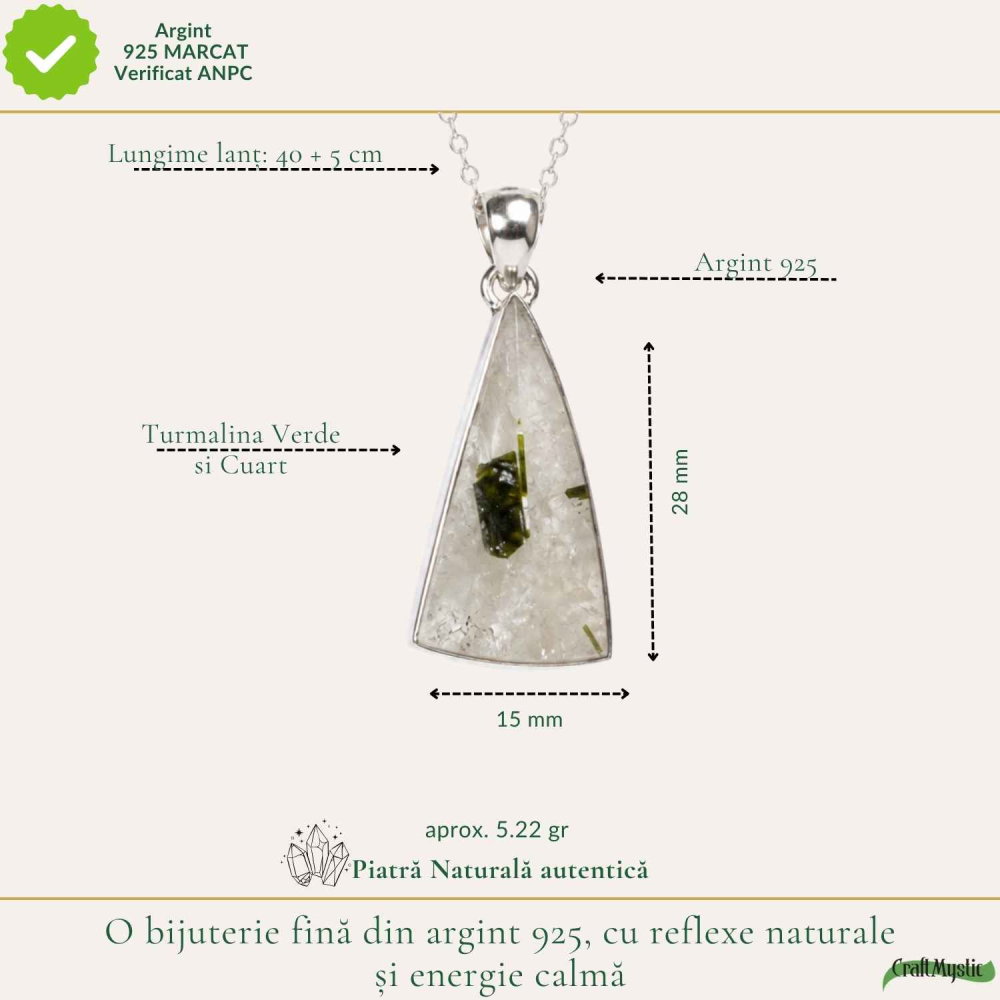 Colier Argint 925 cu Turmalina Verde si Cuart Triunghi – Protectie si Echilibru [4]