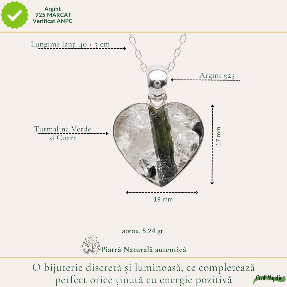 Colier Argint 925 cu Turmalina Verde si Cuart foma de Inima – Armonie si Iubire [4]