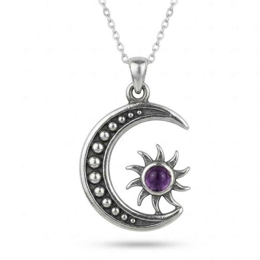 Colier Argint 925 Soare si Semiluna cu Ametist Natural – Echilibru si Energie Interioara [1]