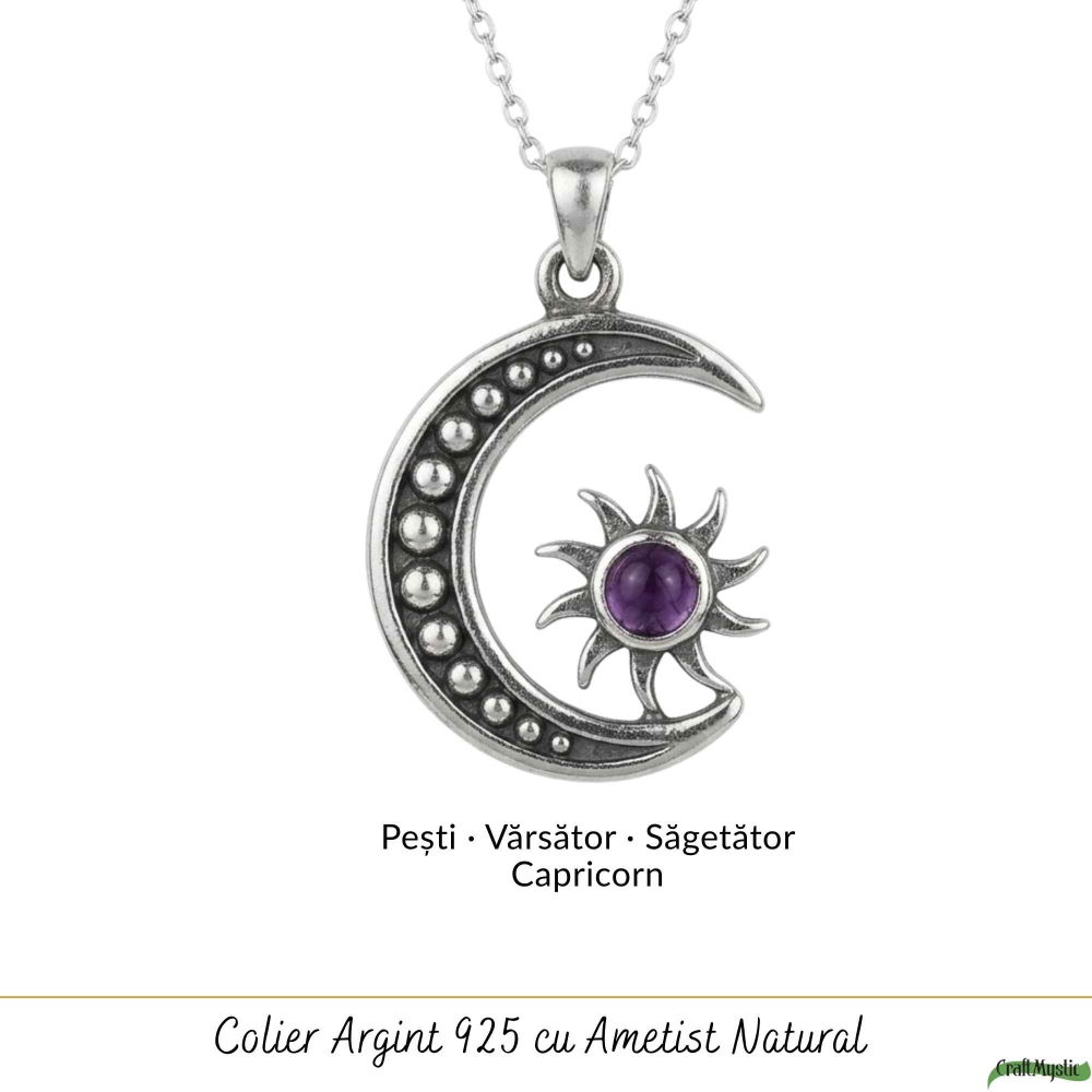 Colier Argint 925 Soare si Semiluna cu Ametist Natural – Echilibru si Energie Interioara [5]