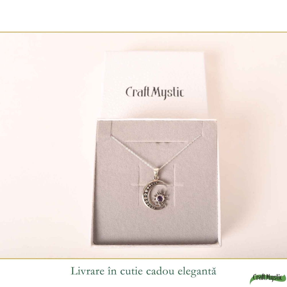 Colier Argint 925 Soare si Semiluna cu Ametist Natural – Echilibru si Energie Interioara [6]