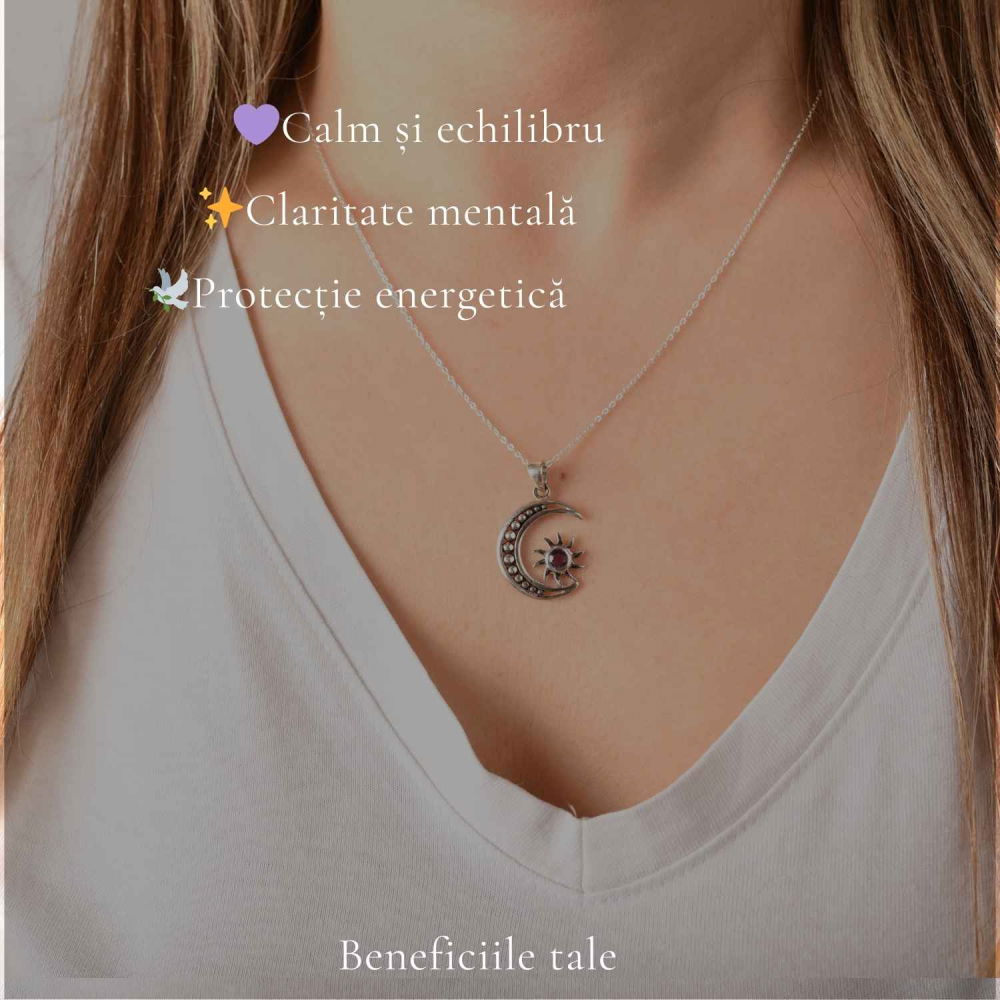Colier Argint 925 Soare si Semiluna cu Ametist Natural – Echilibru si Energie Interioara [3]