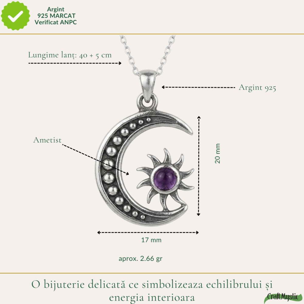 Colier Argint 925 Soare si Semiluna cu Ametist Natural – Echilibru si Energie Interioara [4]