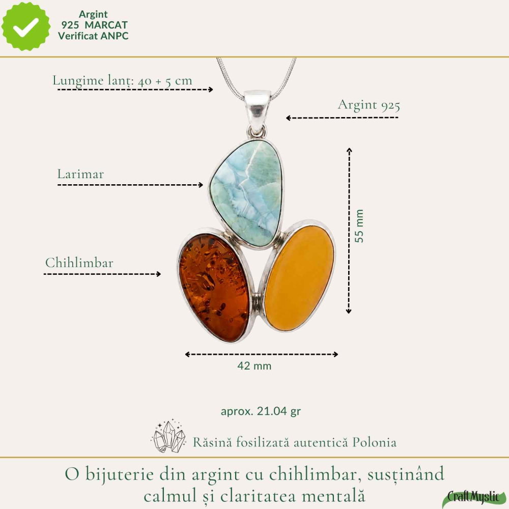 Colier Argint 925 Oval cu Chihlimbar si Larimar – Calm si Echilibru Emotional [4]