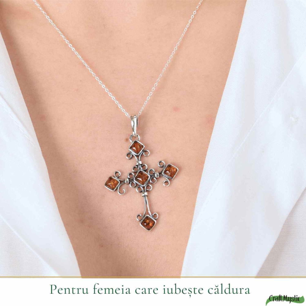 Colier argint 925 cu cruce romb si chihlimbar natural – Protectie si vitalitate [2]