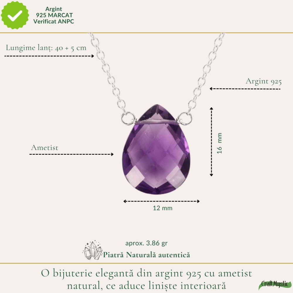 Colier argint 925 cu ametist lacrima – liniste si echilibru emotional [4]
