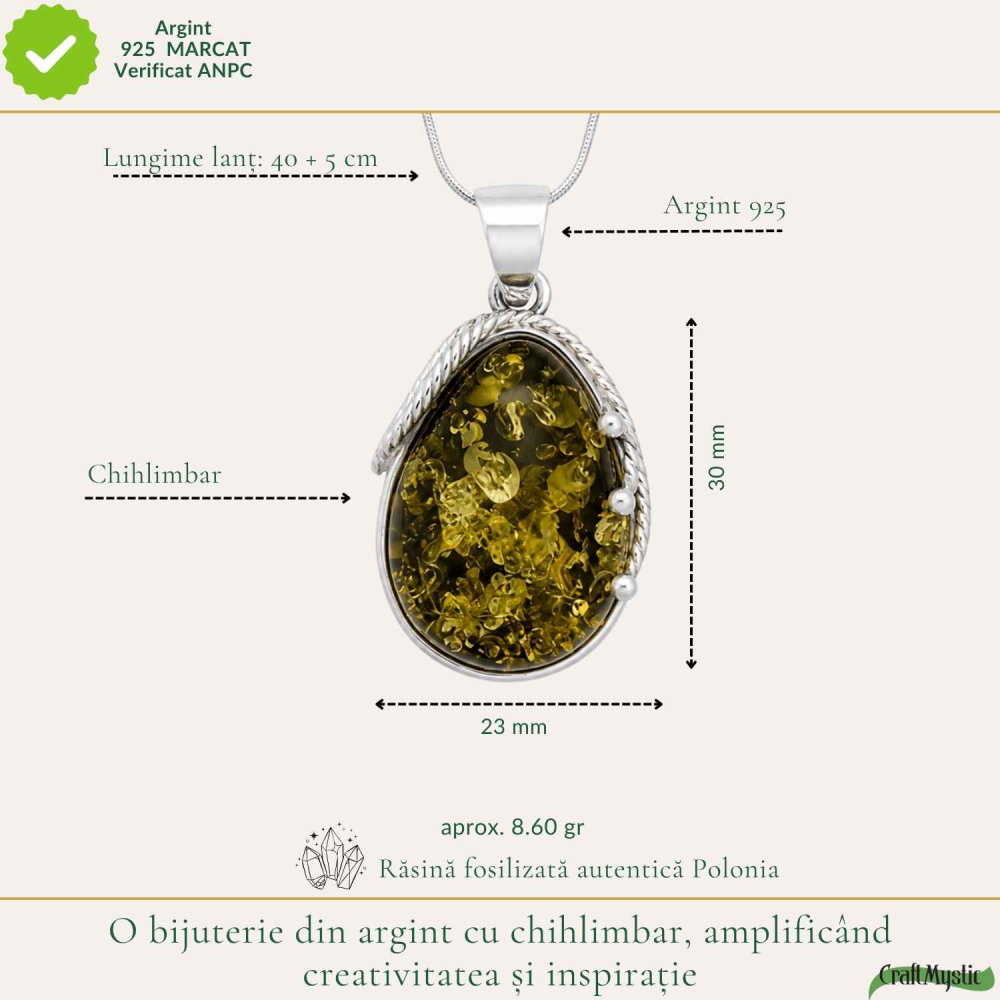 Colier Argint 925 Lacrima cu Chihlimbar Verde – Echilibru si Protectie [4]