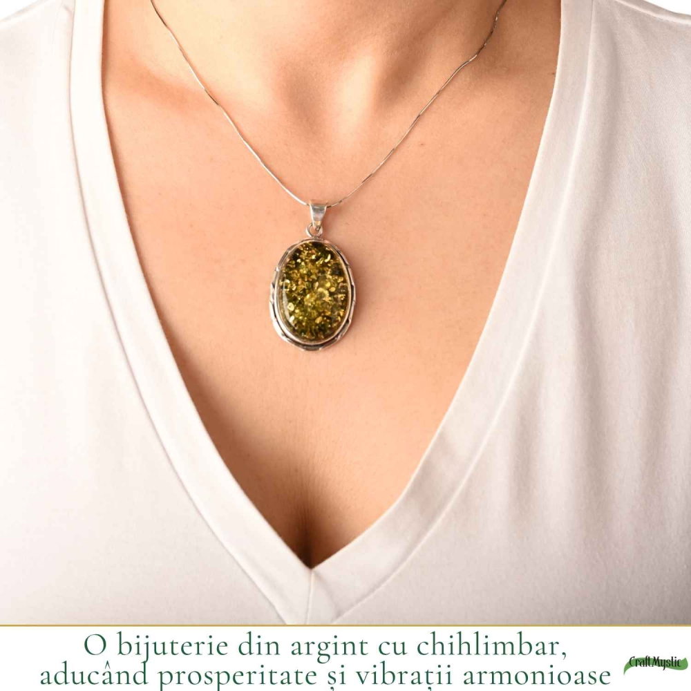 Colier Argint 925 Oval cu Chihlimbar Verde – Echilibru si Energie Pozitiva [2]