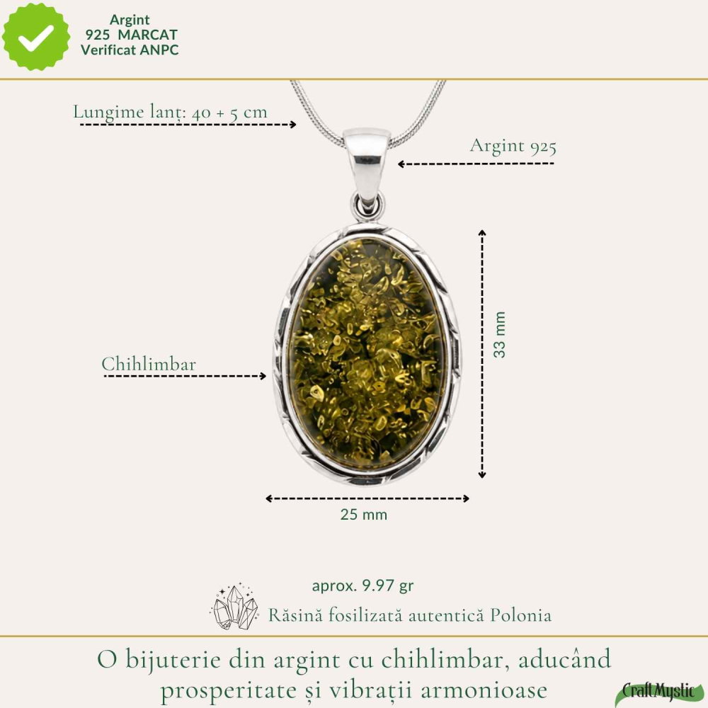 Colier Argint 925 Oval cu Chihlimbar Verde – Echilibru si Energie Pozitiva [4]