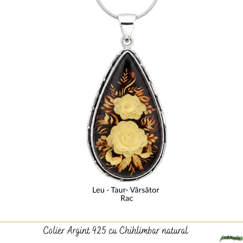 Colier Argint 925 cu Chihlimbar Verde Natural Lacrima cu Trandafiri – Echilibru si Eleganta [5]