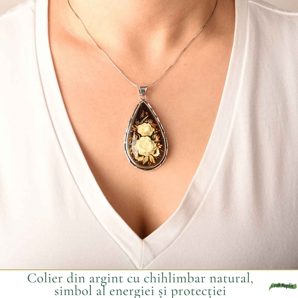 Colier Argint 925 cu Chihlimbar Verde Natural Lacrima cu Trandafiri – Echilibru si Eleganta [2]