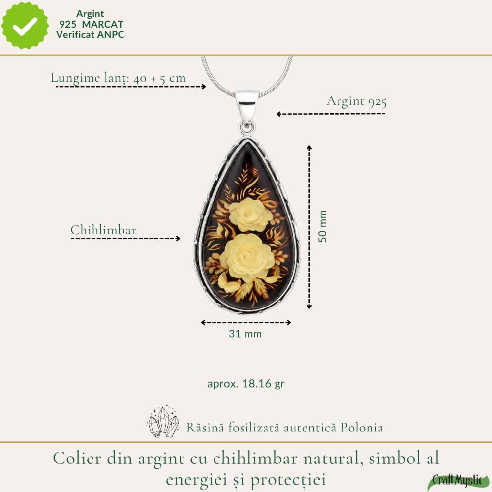 Colier Argint 925 cu Chihlimbar Verde Natural Lacrima cu Trandafiri – Echilibru si Eleganta [4]