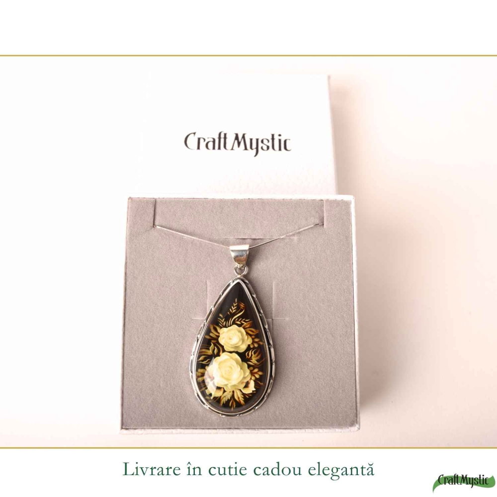 Colier Argint 925 cu Chihlimbar Verde Natural Lacrima cu Trandafiri – Echilibru si Eleganta [6]