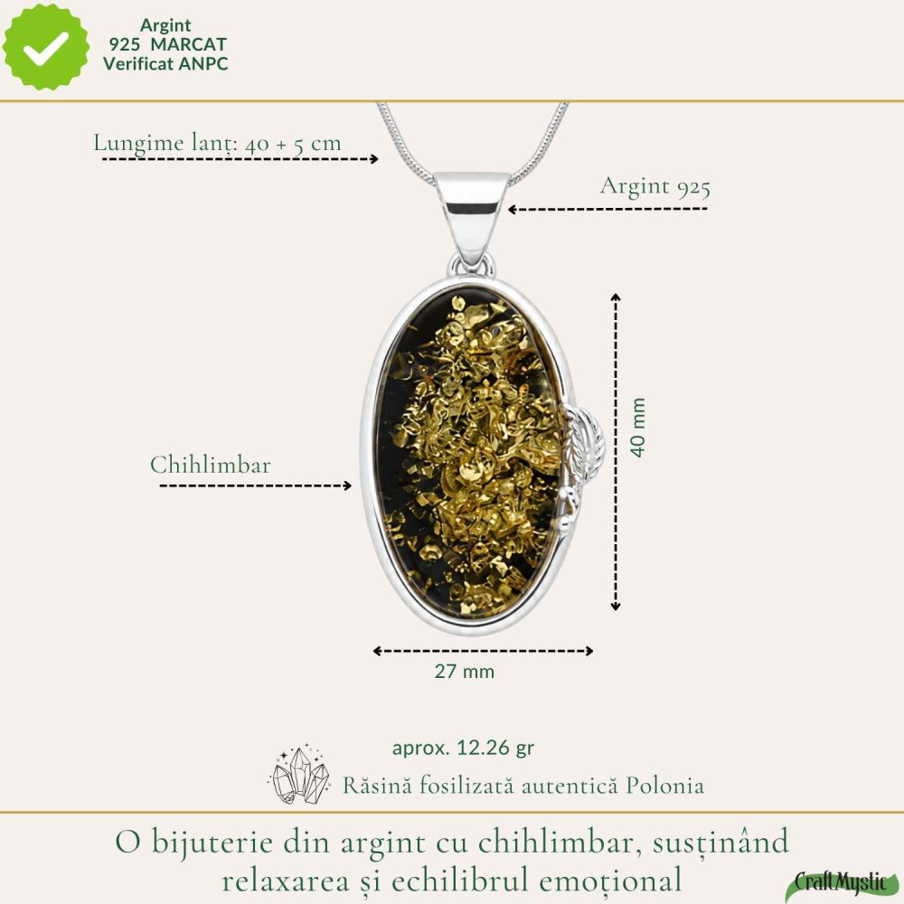 Colier Argint 925 Oval cu Chihlimbar Verde – Protectie si Echilibru Emotional [4]