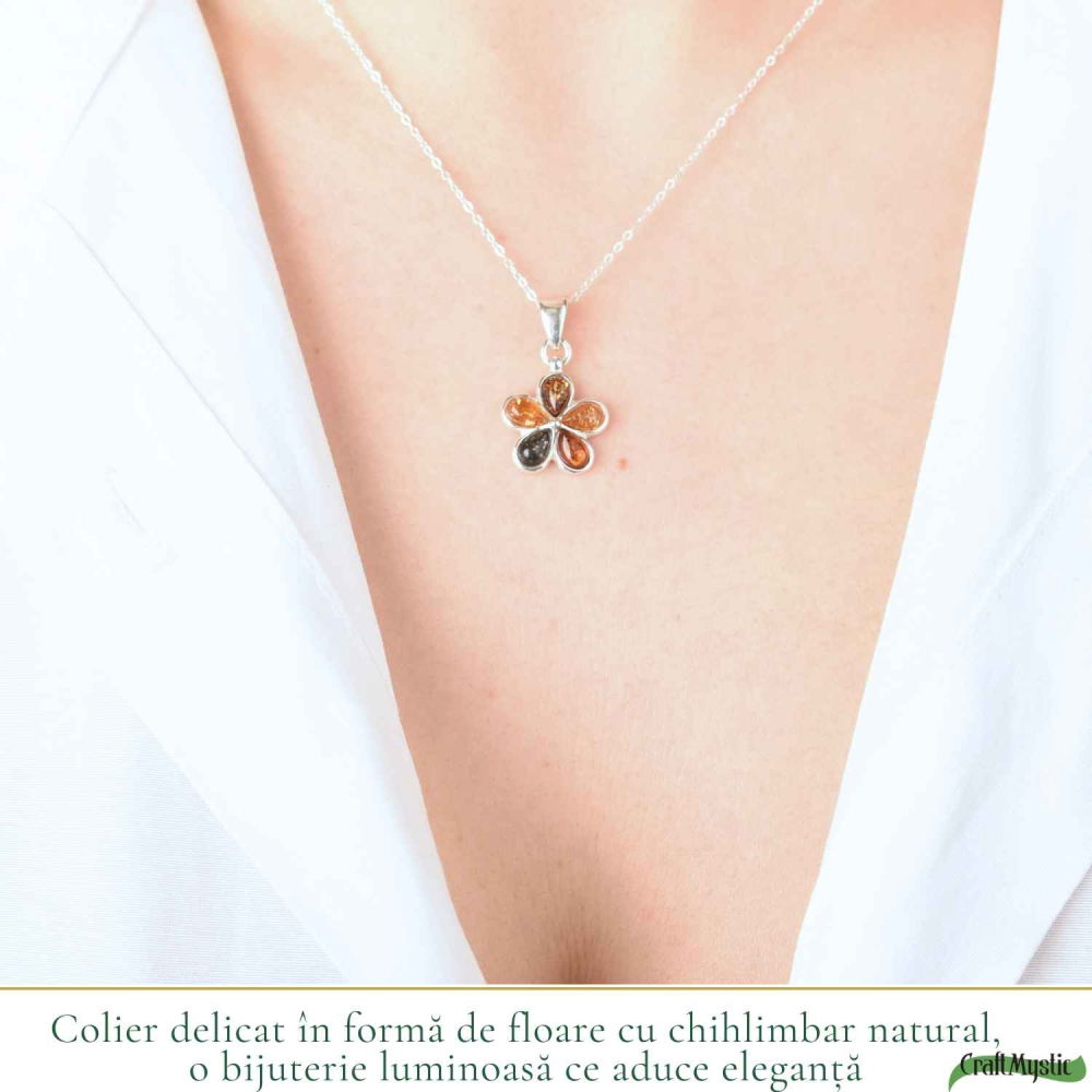 Colier Argint 925 cu Floare din Chihlimbar Natural in 3 Culori – Energie Calda si Feminitate [2]