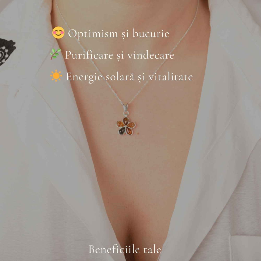 Colier Argint 925 cu Floare din Chihlimbar Natural in 3 Culori – Energie Calda si Feminitate [3]