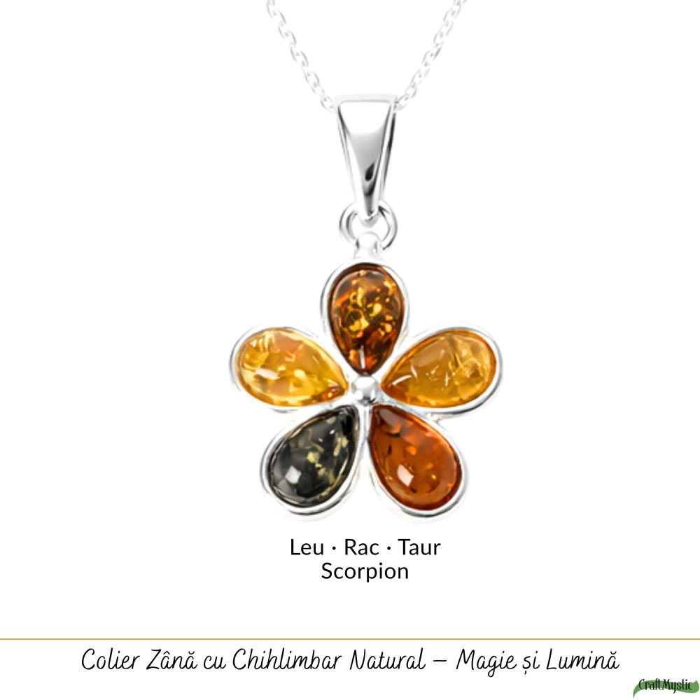 Colier Argint 925 cu Floare din Chihlimbar Natural in 3 Culori – Energie Calda si Feminitate [5]