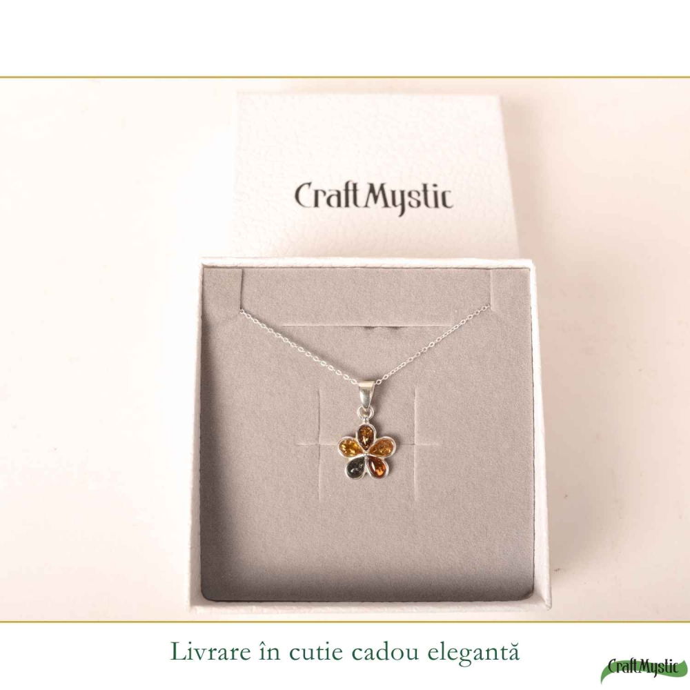 Colier Argint 925 cu Floare din Chihlimbar Natural in 3 Culori – Energie Calda si Feminitate [6]