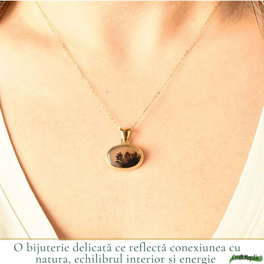 Colier Argint 925 Placat Aur 18K cu Agat Scenic Dendritic Oval – Echilibru si Claritate [2]