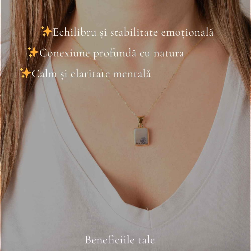Colier Argint 925 Placat Aur 18K cu Agat Scenic Dendritic Dreptunghi – Echilibru si Claritate [3]