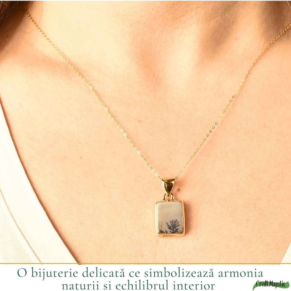 Colier Argint 925 Placat Aur 18K cu Agat Scenic Dendritic Dreptunghi – Echilibru si Claritate [2]