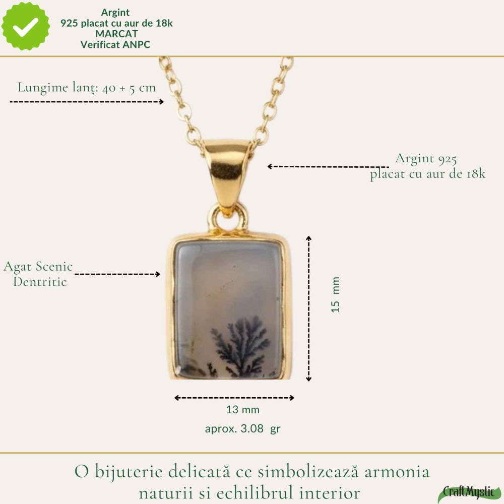 Colier Argint 925 Placat Aur 18K cu Agat Scenic Dendritic Dreptunghi – Echilibru si Claritate [4]