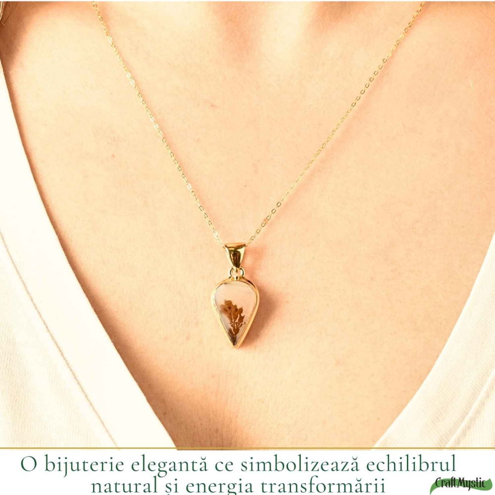 Colier Argint 925 Placat Aur 18K cu Agat Scenic Dendritic Lacrima – Echilibru si Claritate [2]
