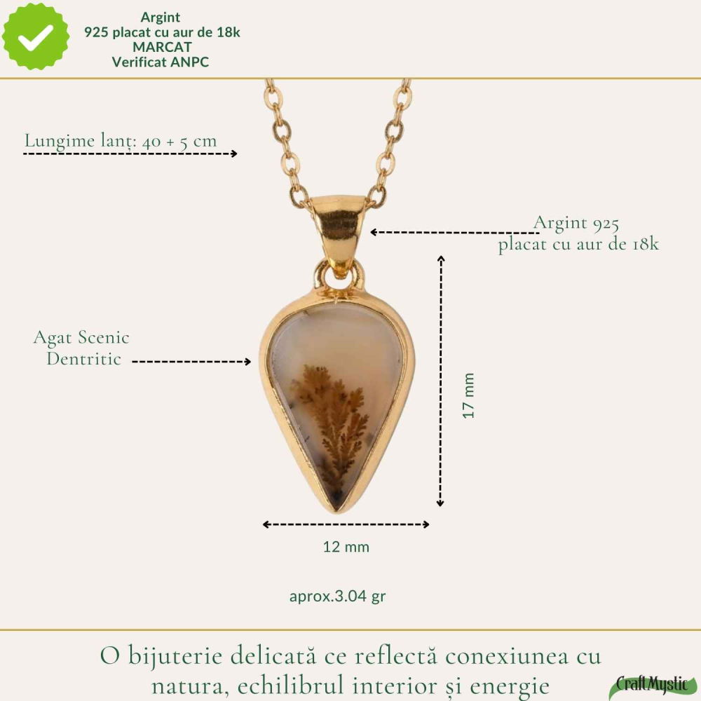Colier Argint 925 Placat Aur 18K cu Agat Scenic Dendritic Lacrima – Echilibru si Claritate [4]