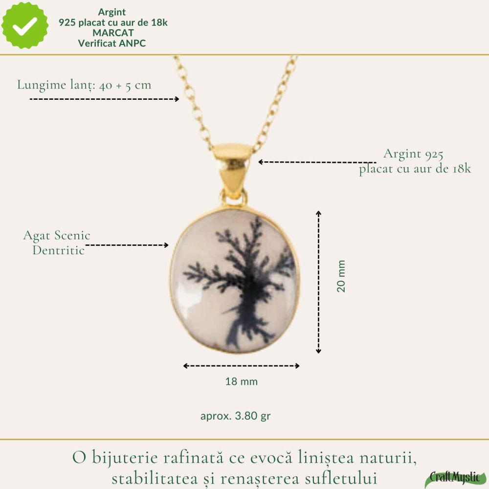 Colier Argint 925 Placat Aur 18K cu Agat Scenic Dendritic Rotund – Echilibru si Claritate [4]