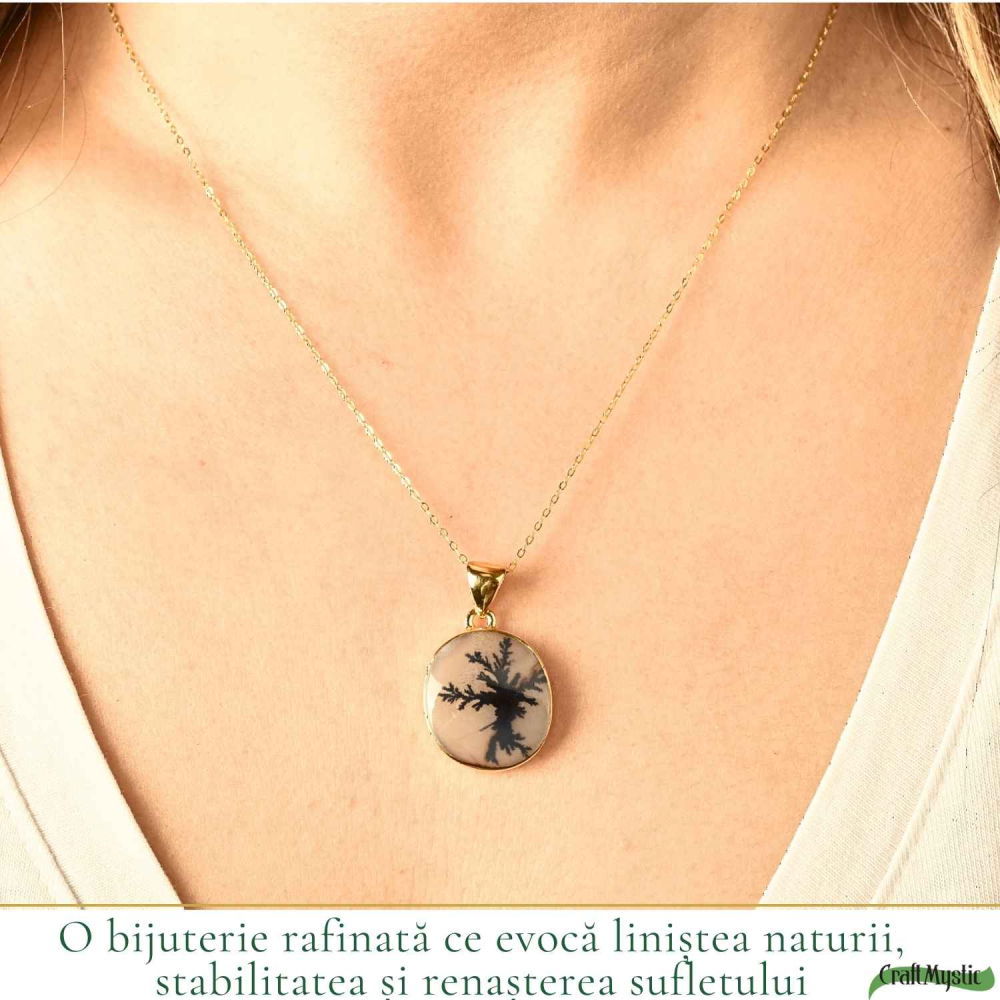 Colier Argint 925 Placat Aur 18K cu Agat Scenic Dendritic Rotund – Echilibru si Claritate [2]