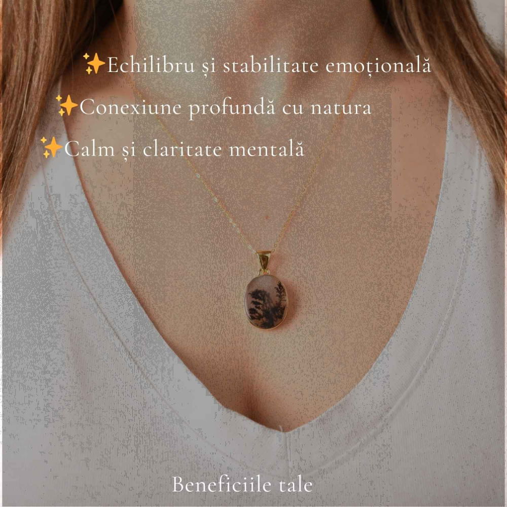 Colier Argint 925 Placat Aur 18K cu Agat Scenic Dendritic Oval – Echilibru si Claritate [3]