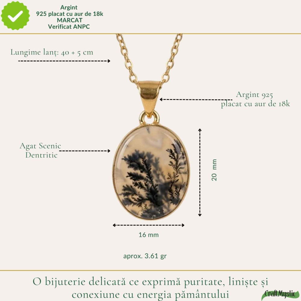 Colier Argint 925 Placat Aur 18K cu Agat Scenic Dendritic Oval – Echilibru si Claritate [4]