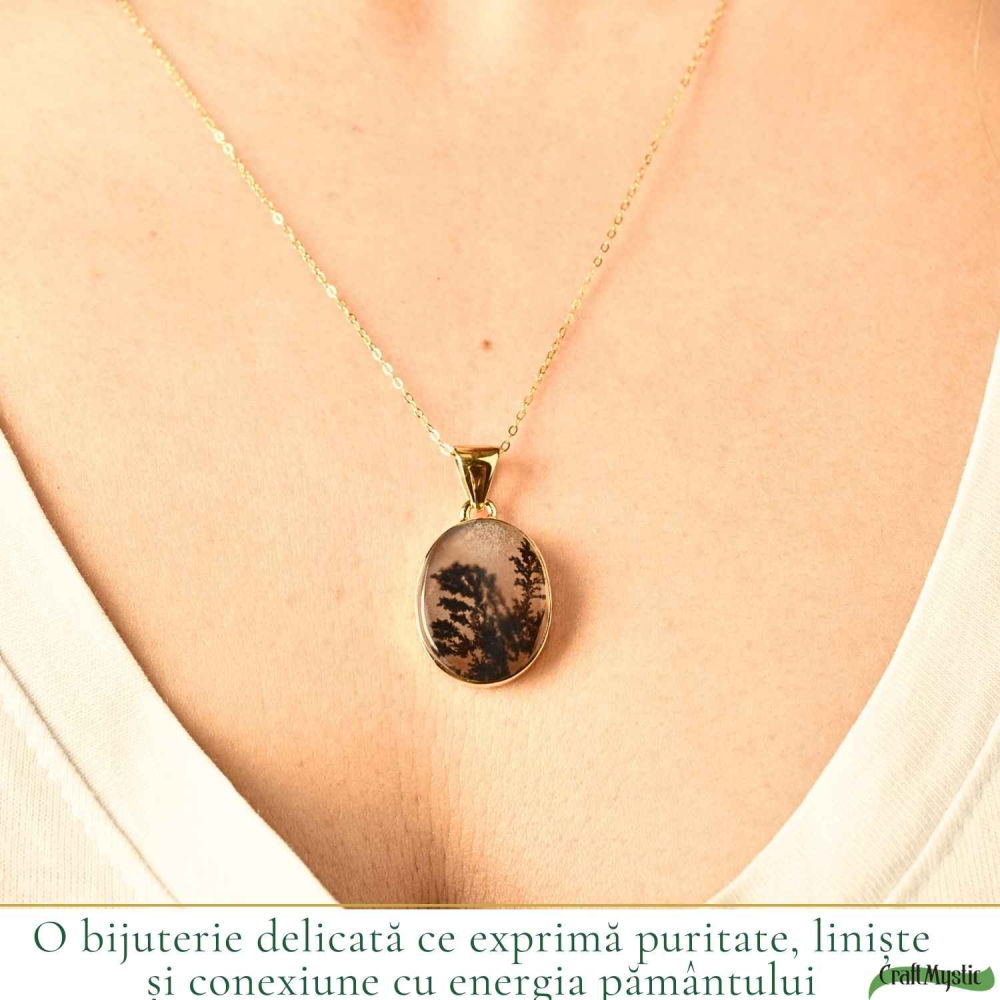 Colier Argint 925 Placat Aur 18K cu Agat Scenic Dendritic Oval – Echilibru si Claritate [2]