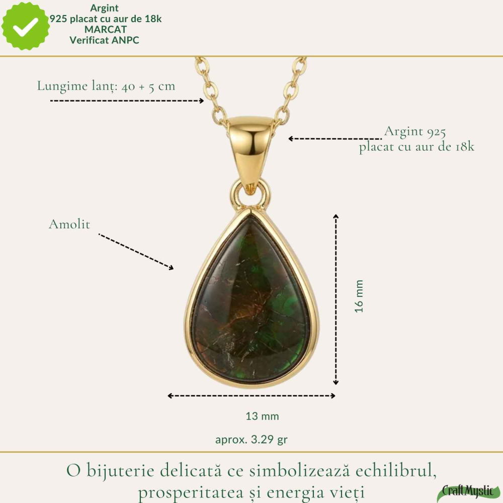 Colier Argint 925 Placat Aur 18K cu Amolit Natural Lacrima – Prosperitate si Energie Pozitiva [4]