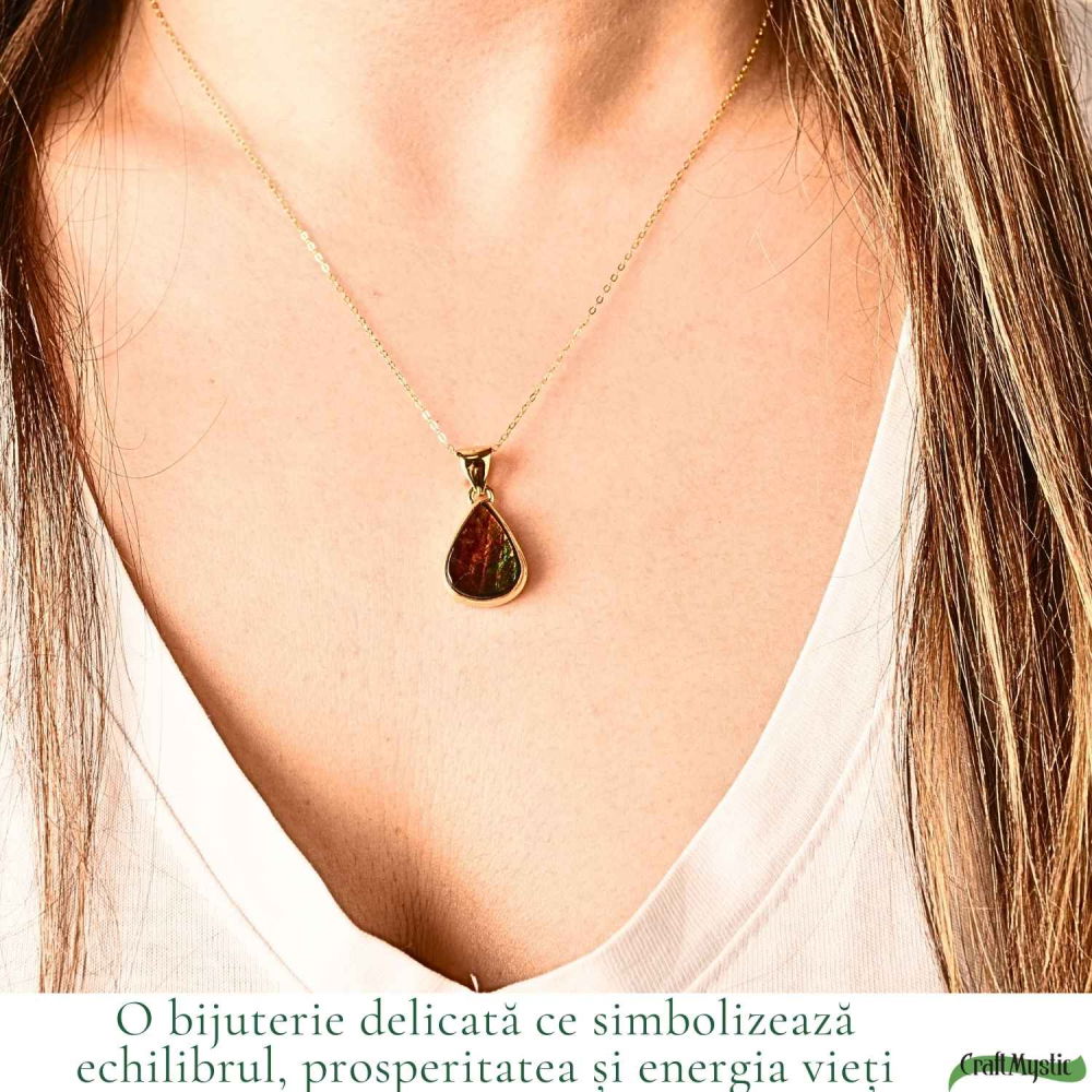Colier Argint 925 Placat Aur 18K cu Amolit Natural Lacrima – Prosperitate si Energie Pozitiva [2]
