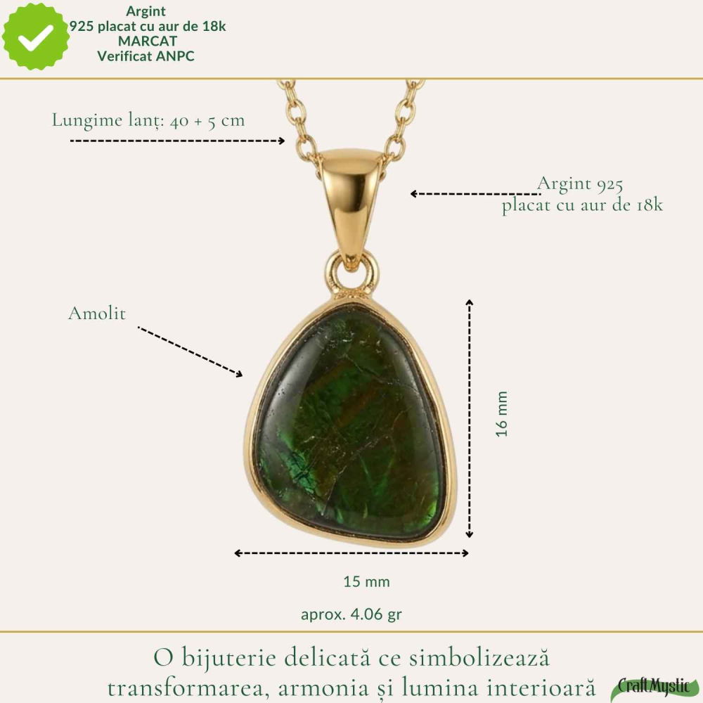 Colier Argint 925 Placat Aur 18K cu Amolit Natural Brut – Energie, Prosperitate si Protectie [4]