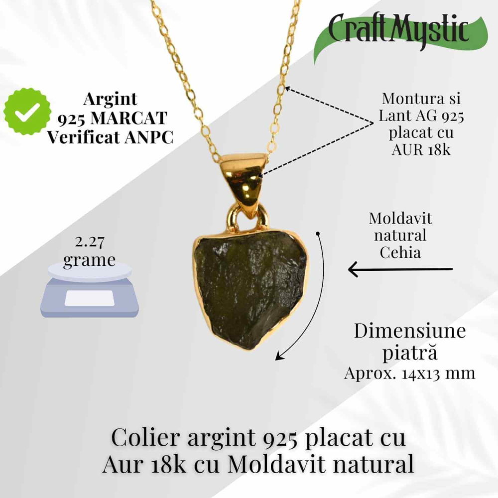 Colier argint 925 placat cu aur 18k cu Moldavit natural – 2.27 g | Transformare si protectie energetica [3]