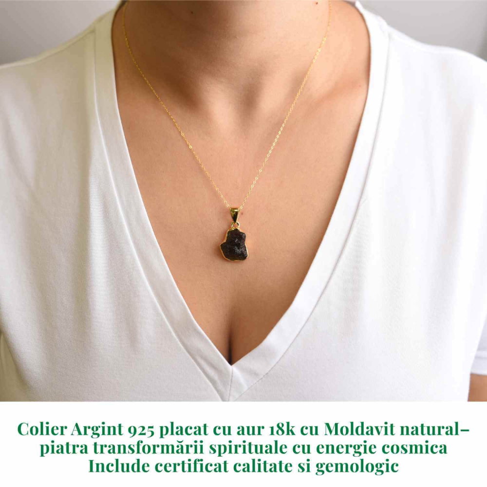 Colier Argint 925 placat cu Aur 18k cu Moldavit natural 3.28 gr 16x13 mm – transformare, protectie, energie cosmica [2]