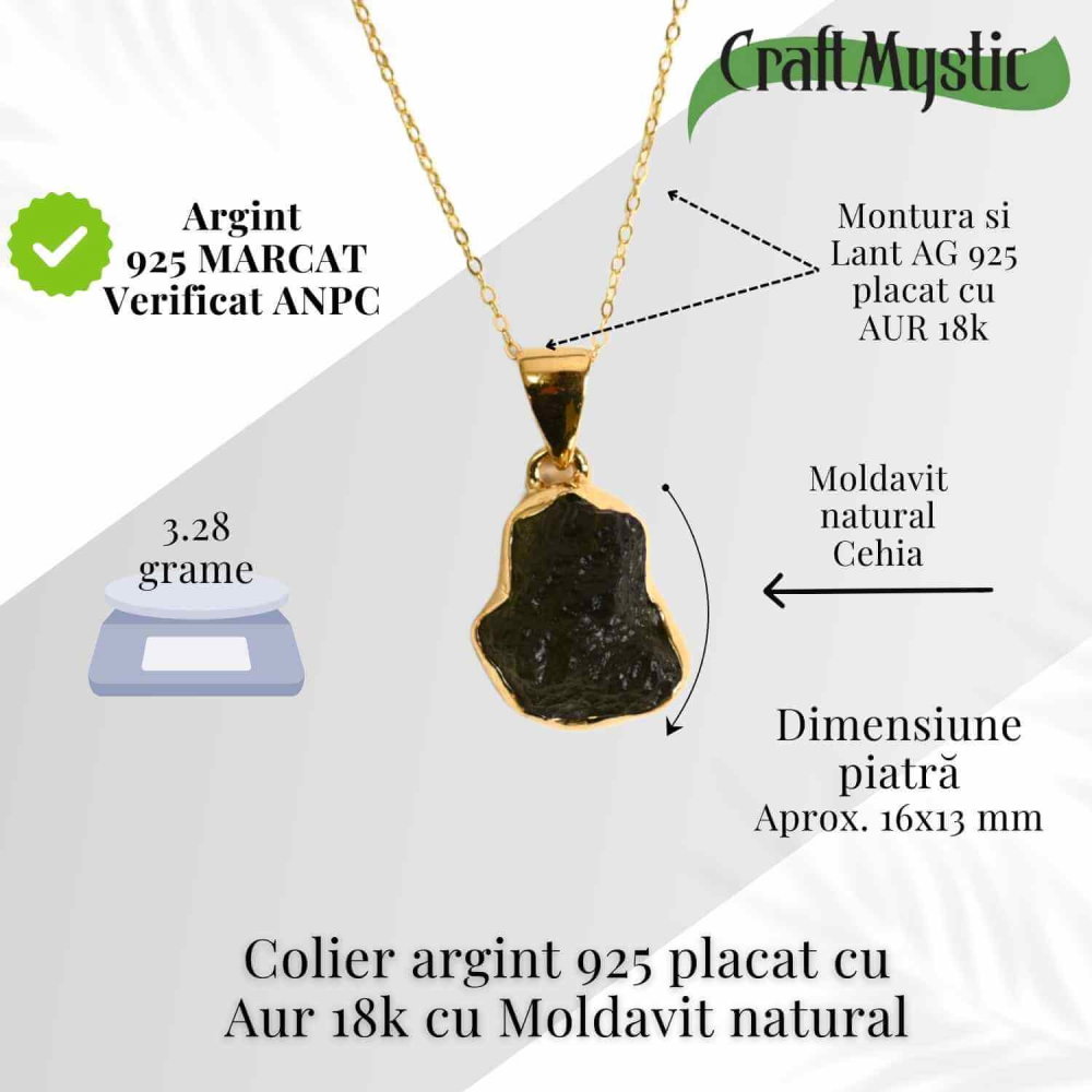Colier Argint 925 placat cu Aur 18k cu Moldavit natural 3.28 gr 16x13 mm – transformare, protectie, energie cosmica [3]