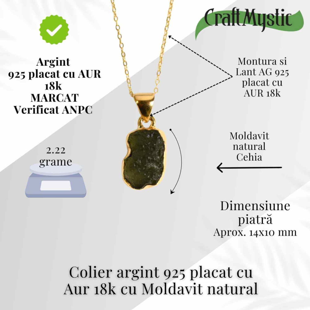 Colier argint 925 placat cu aur 18k cu Moldavit natural 2.22 g — accelerarea transformarii personale si spirituale [3]