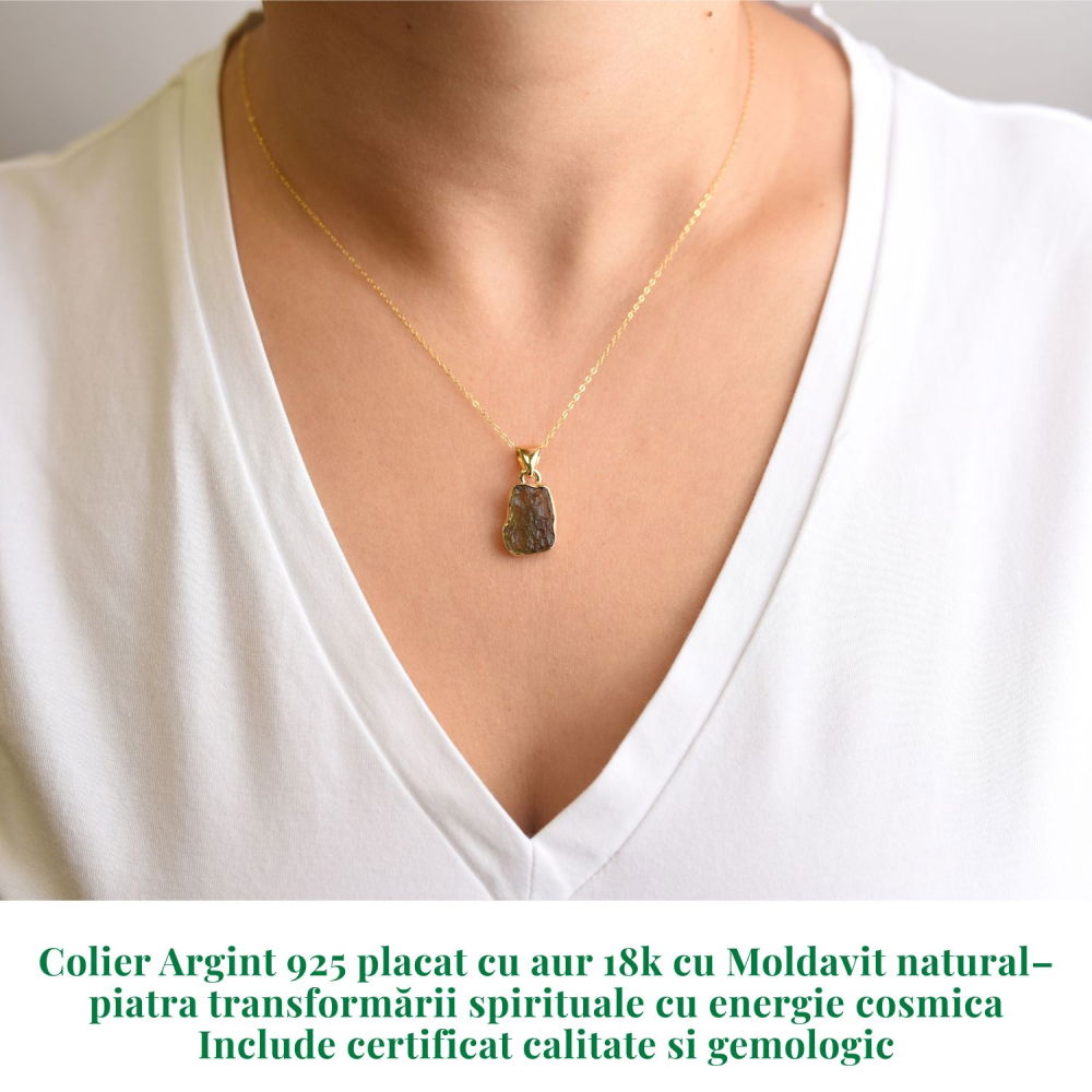 Colier argint 925 placat cu aur 18k cu moldavit natural 2,15 gr 15x10 mm – certificat gemologic [2]