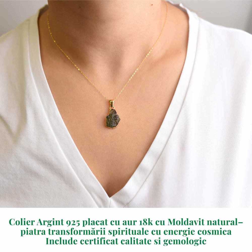 Colier Argint 925 placat aur 18k cu Moldavit natural brut 2.36 g – talisman de transformare [2]